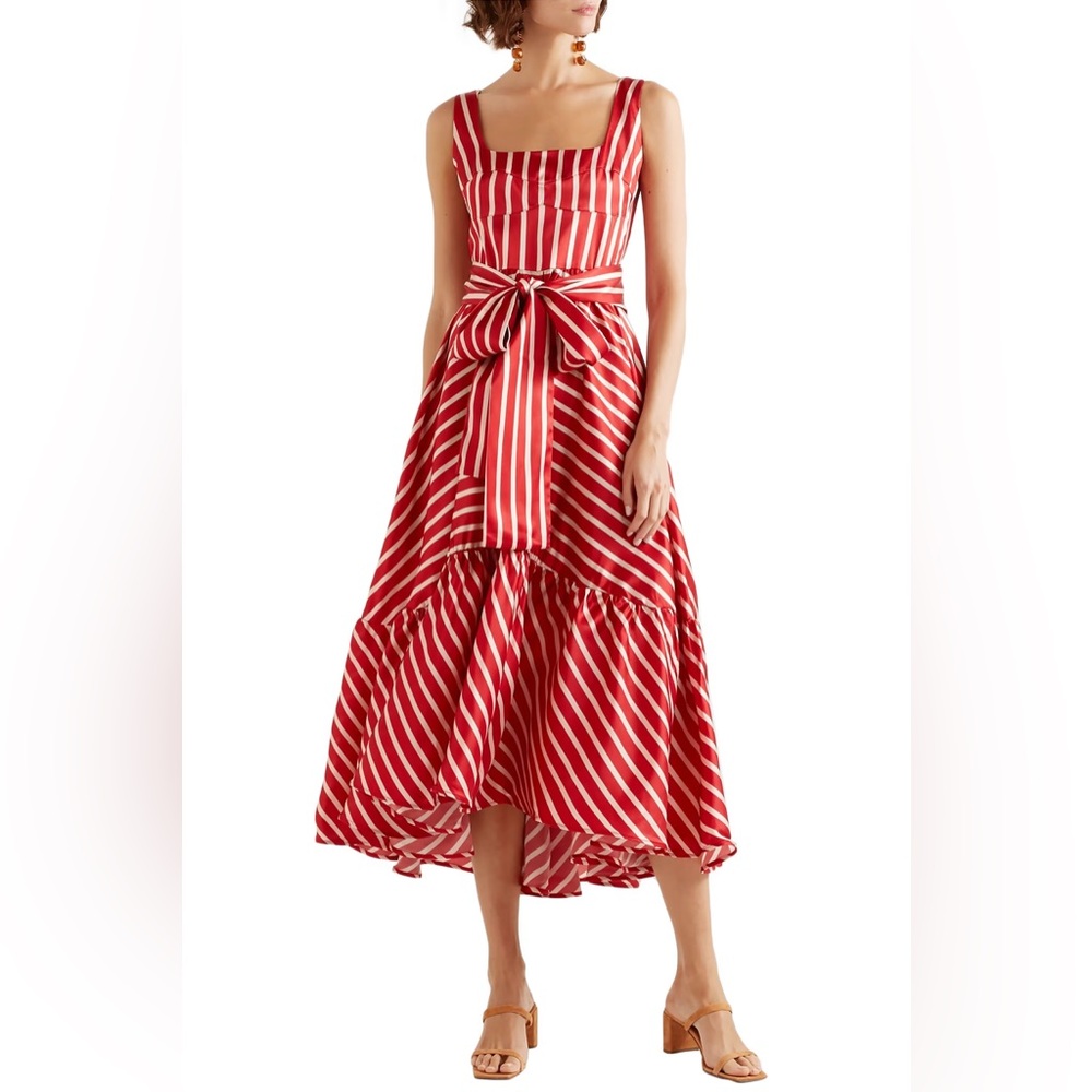 Samantha tiered striped silk-blend satin midi dress